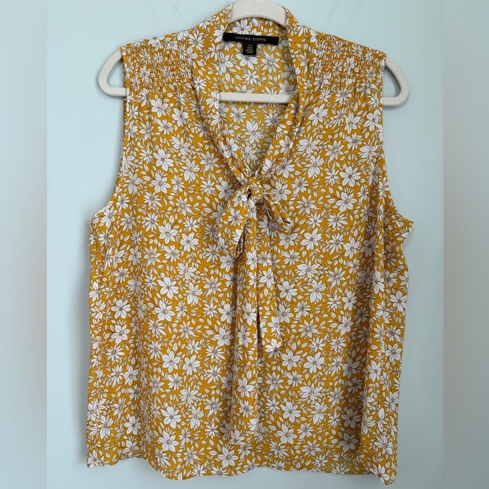 Cynthia Steffe Yellow Floral Blouse with Bow Tie Front, Size Large